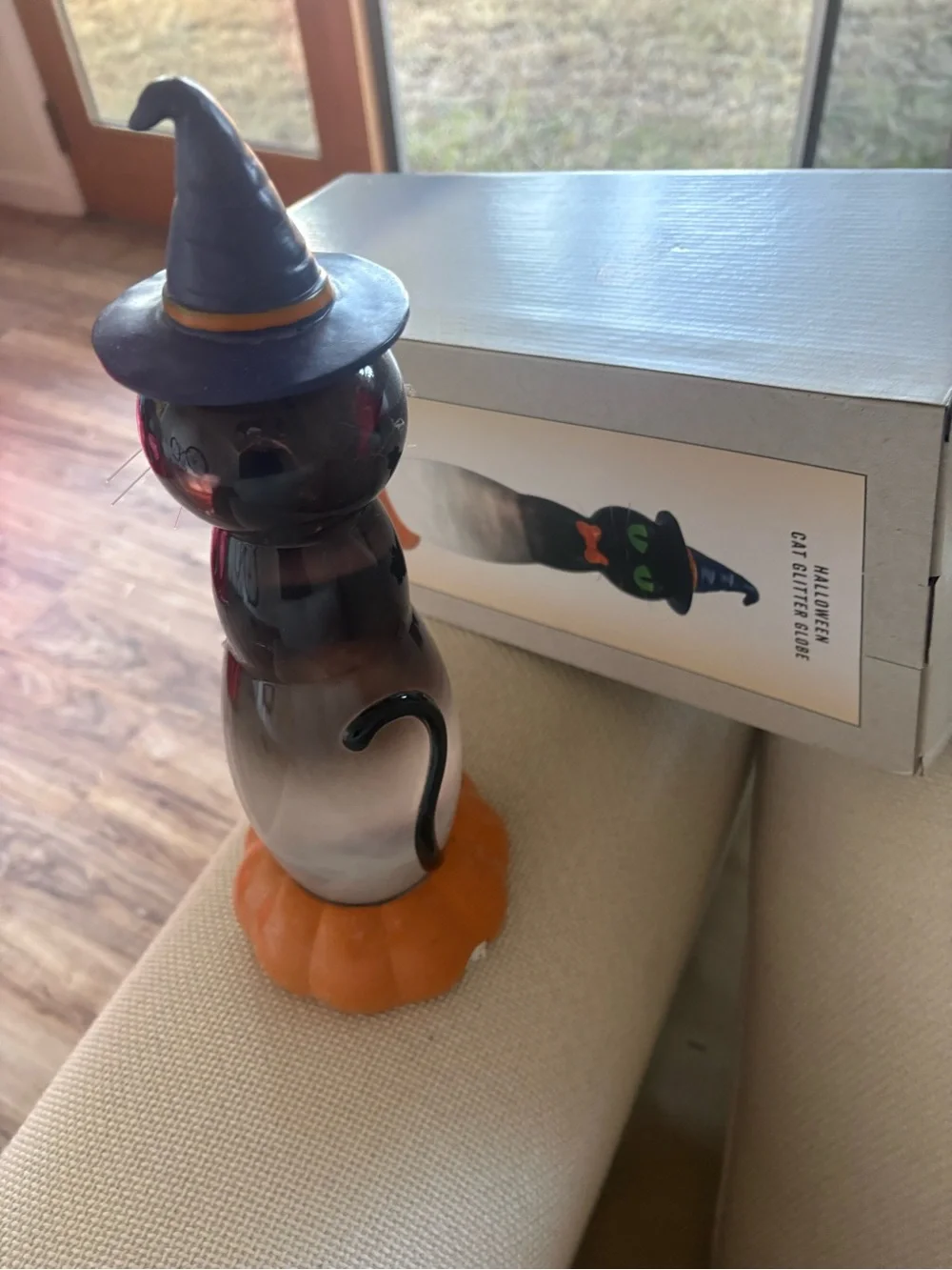 Cracker Barrel Black Cat Halloween Lantern with Orange Base and Purple Hat